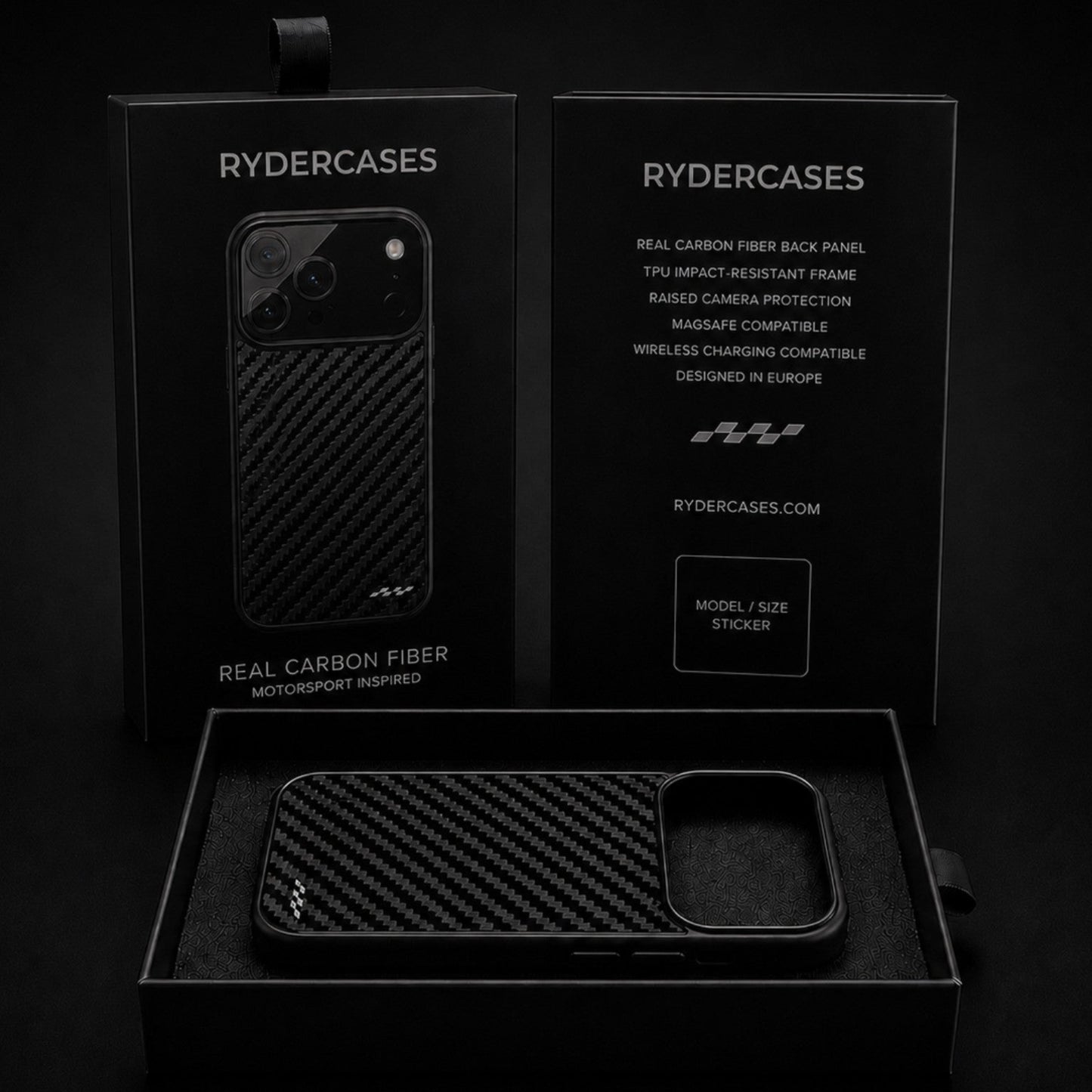 Premium Rydercases carbon fiber phone case packaging with real carbon fiber case and matte black box