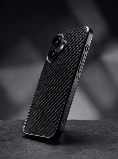 Side profile of Rydercases real carbon fiber phone case showing slim and precise desing