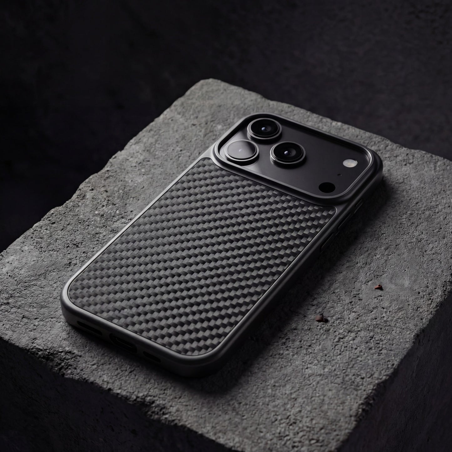 Detalle textura fibra de carbono twill 2x2 en funda Rydercases acabado premium