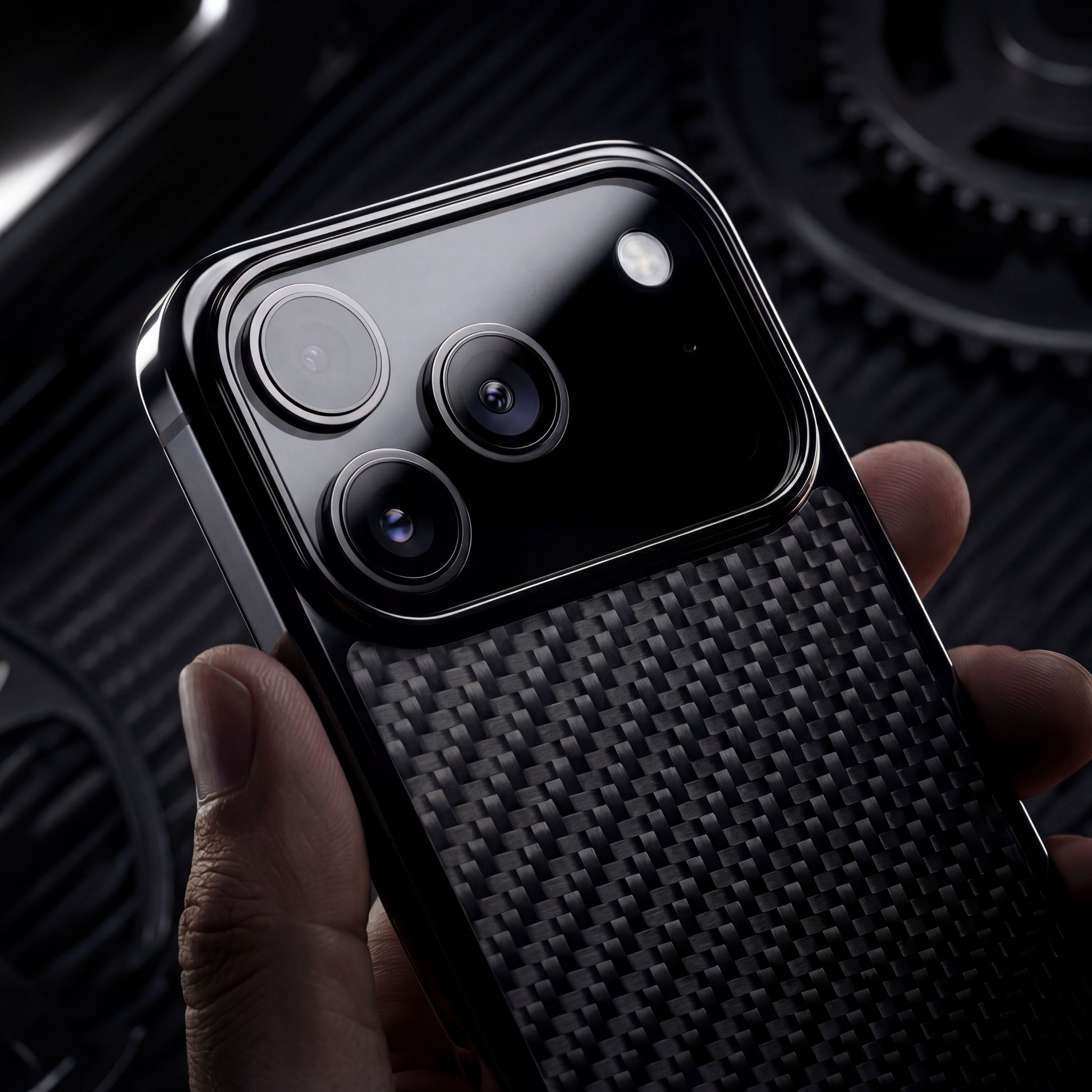 Funda Rydercases de fibra de carbono real en uso mostrando ergonomía y agarre seguro