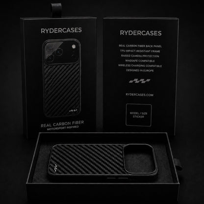 Premium Rydercases carbon fiber phone case packaging with real carbon fiber case and matte black box